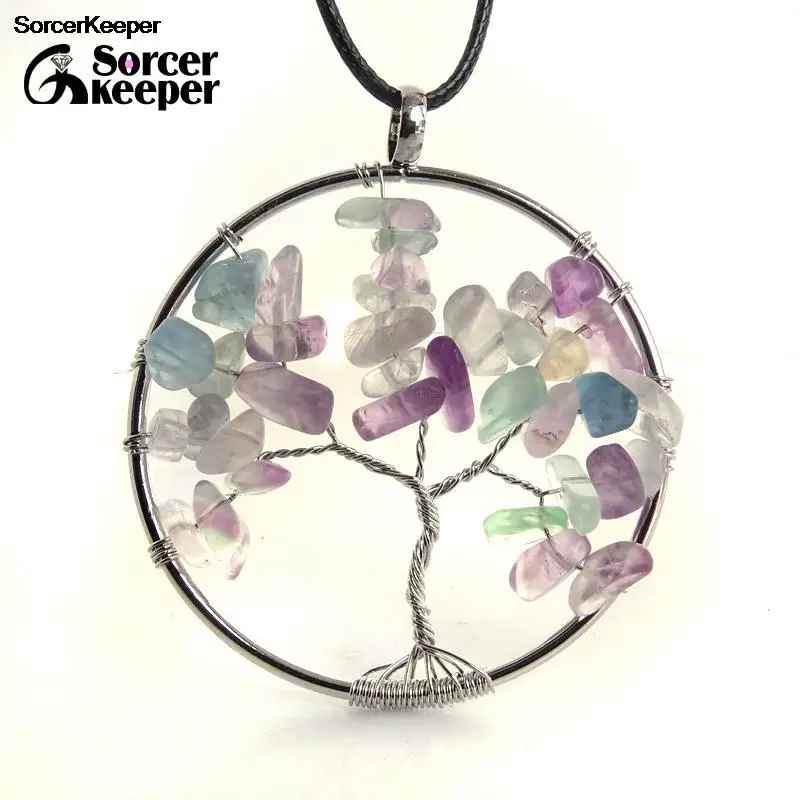 

50mm Chakra Fluorite Natural Stone Tree Of Life Pendant Necklace For Women Healing Crystal Necklaces Pendants Jewelry BF523