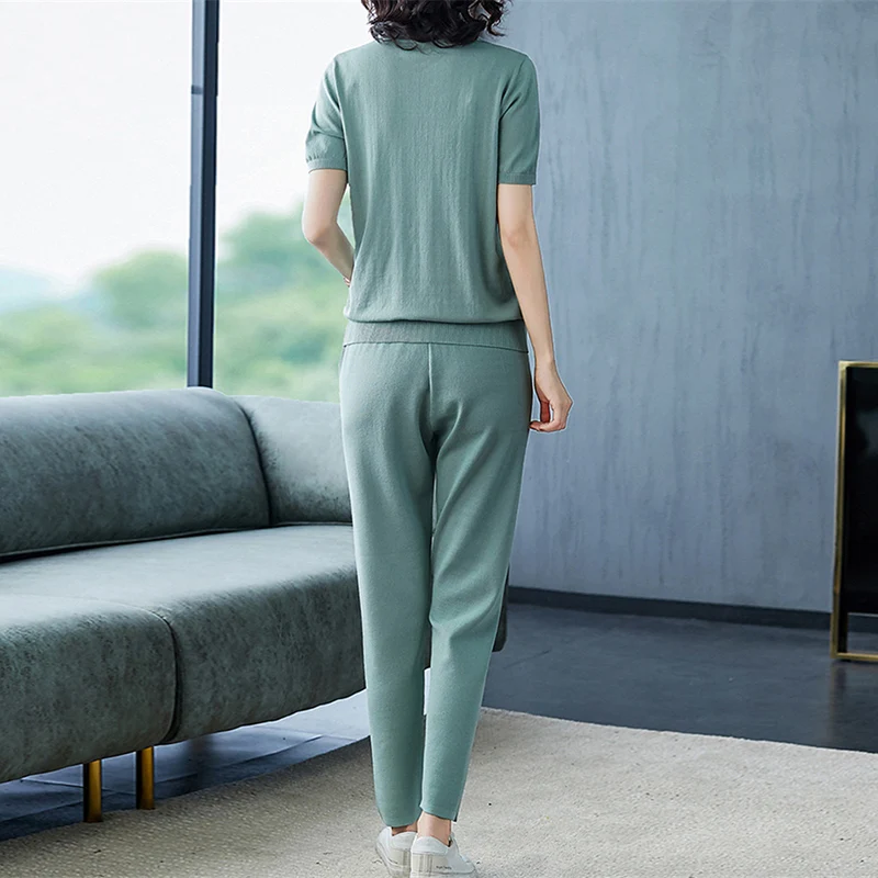 

Women's gym Sets Casual Short Sleeve Knit Two-Piece Tracksuit Letter Embroidery Turn-Down Collar+Side Stripe Harem Pants T-shirt