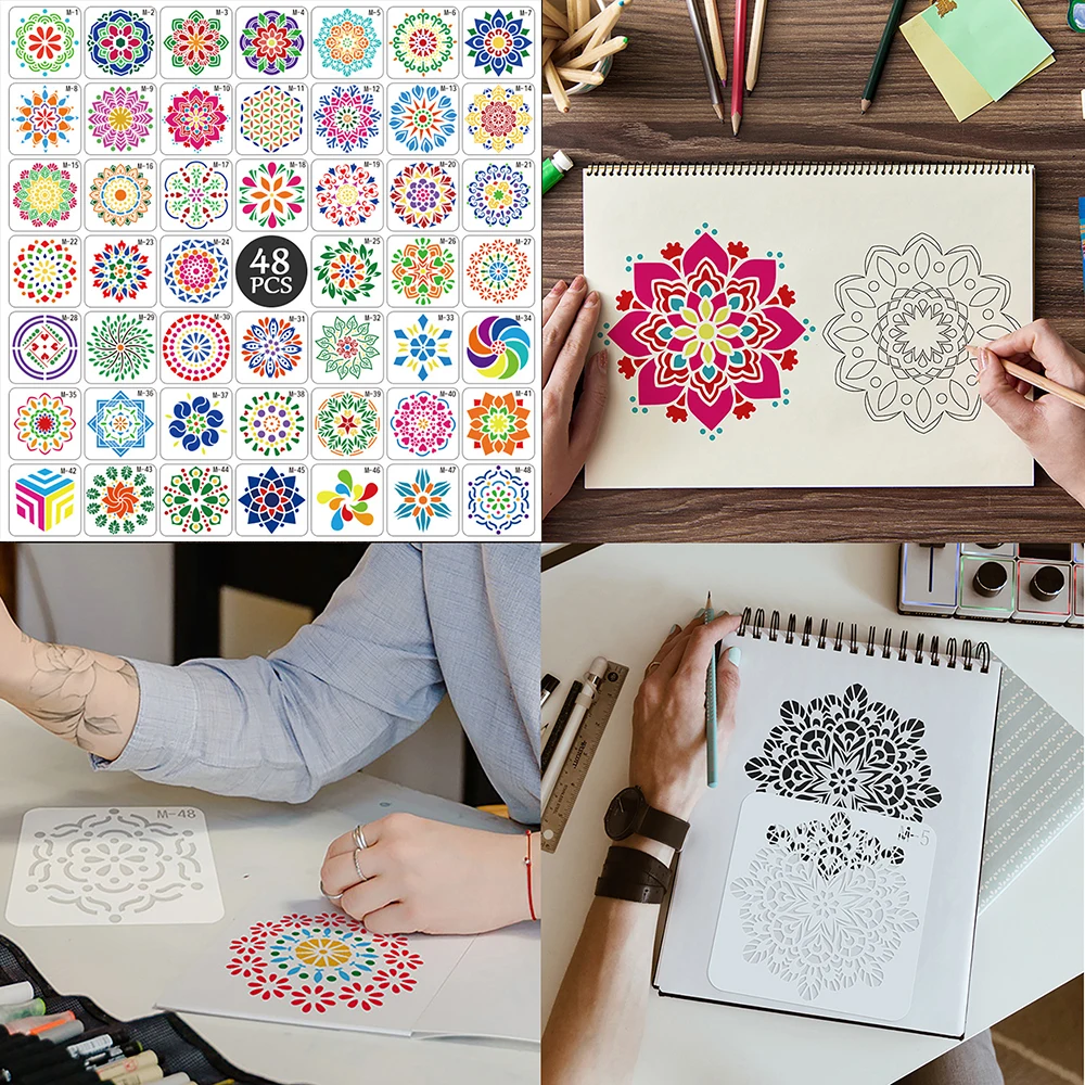 

48 Sheets Mandala Painting Stencils Template Plastic Hollow Template Ruler DIY Painting Wall Window Decoration