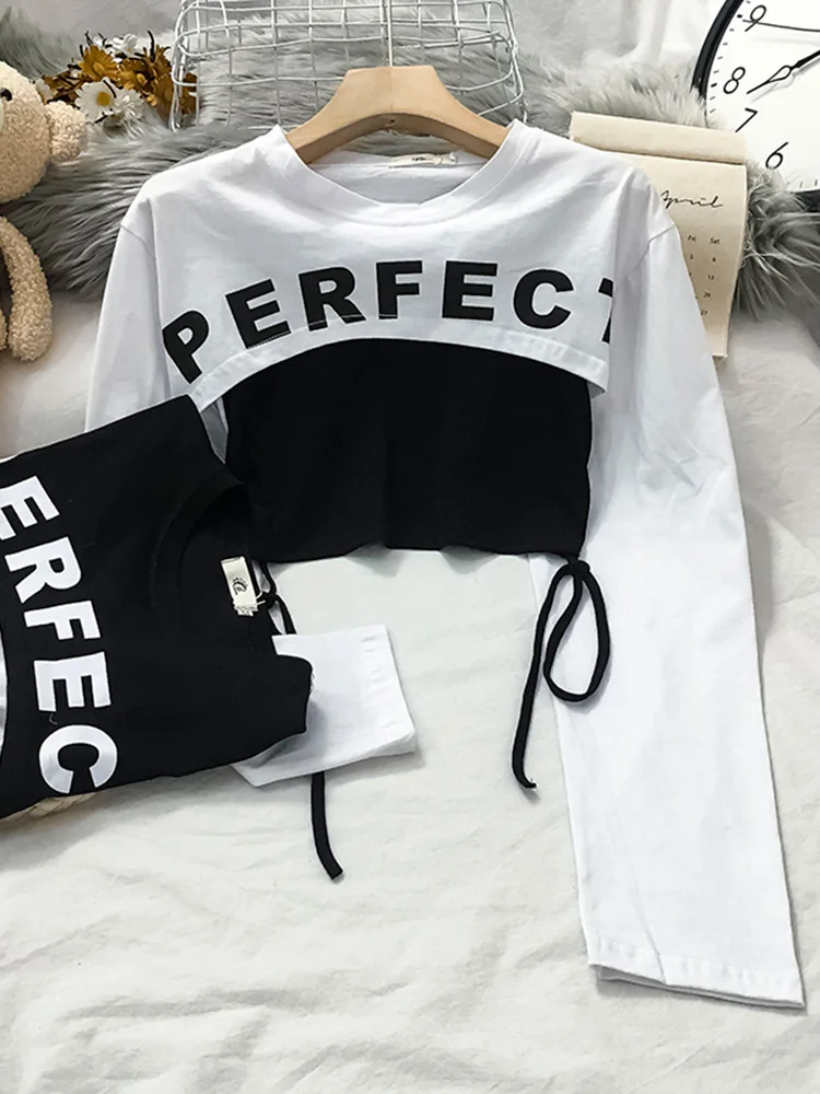 High Street Fashion T Shirts Women 2021 New Spring Summer Long Sleeve False Two Piece Female Crops Tops S M L XL