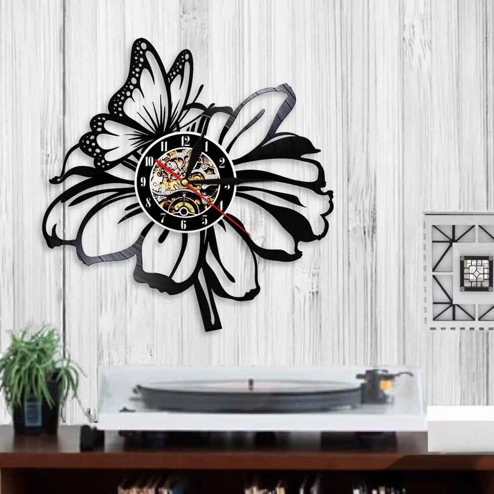 Настенные часы с бабочкой на цветке современный дизайн виниловые природа 3D