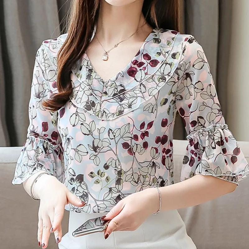 Модные женские топы и блузки 2020 шифоновая блузка с цветочным принтом оборками