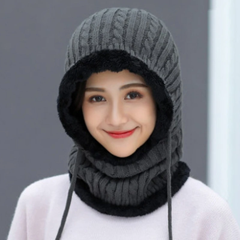 

Women Winter Warm Cable Knitted Balaclava Hat Plush Lined Thermal Windproof Full Cover Drawstring Earflap Hood Cap Scarf