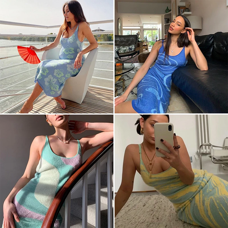 

FSDA 2021 Print Knit Bodycon Dress Women Green Y2K Summer Hollow Out Sexy Sleeveless Spaghetti Strap Beach Midi Dresses Party