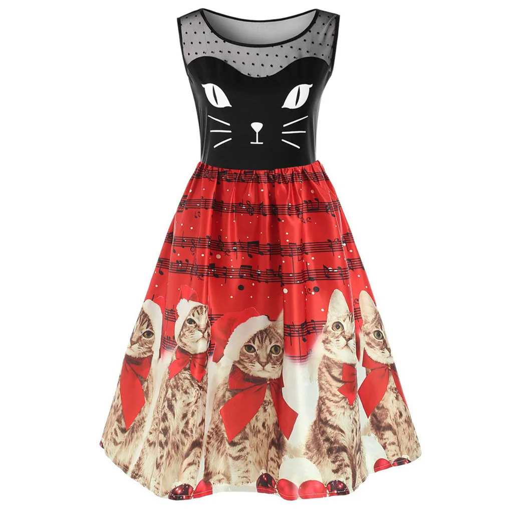 Женское рождественское свободное платье большого размера с рисунком котенка