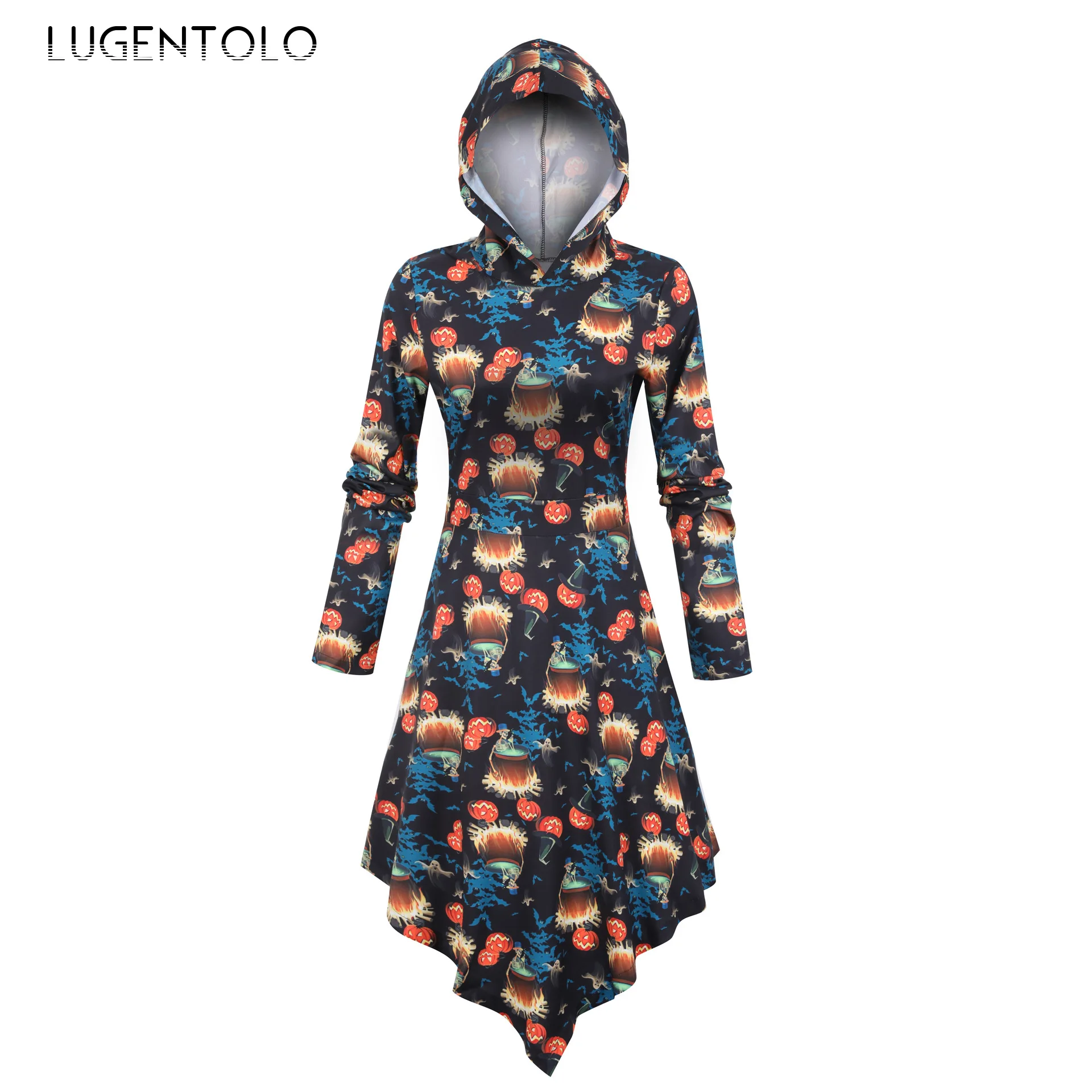 

Lugentolo Women Dress Hooded Long Sleeve Autumn Halloween Floral Printed New Slim-fit Female Casual Dress