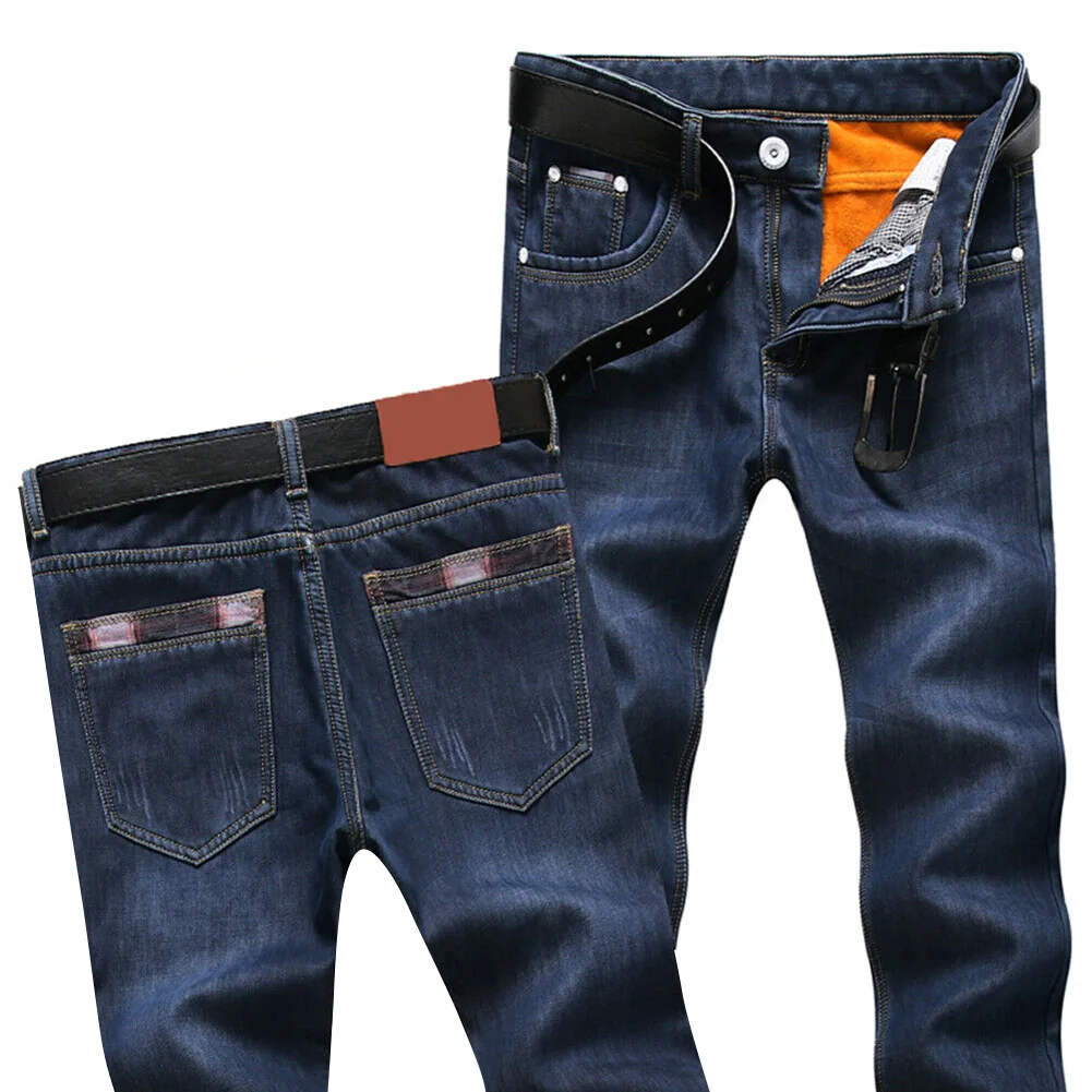 Мужские теплые прямые джинсы с флисовой подкладкой повседневные длинные брюки