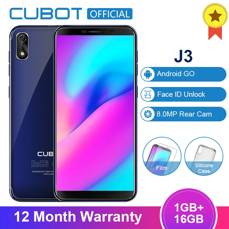 Cubot J3 Android Go 18:9 полноэкранный 1 Гб 16 Гб 5,0 дюймов MT6580 четырехъядерный смартфон 2000 мАч 3G Face ID Dual Sim Celular