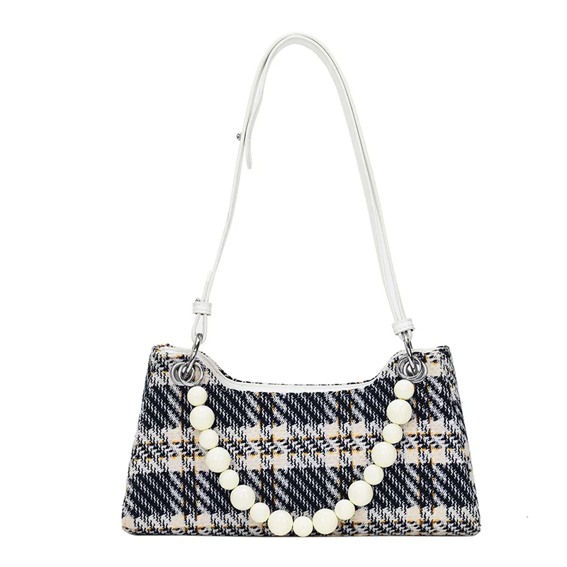 

2021 Plaid Small PU Leather Crossbody Shoulder Bags with Short Beading Belt for Women Summer Baguette Handbags and Purses Brand