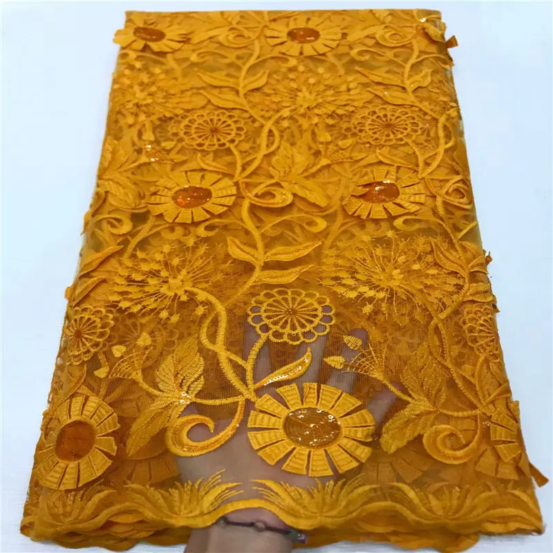 

Latest white African embroidered tulle fabric 2020 high quality French milk silk lace fabric with 3D sequins for dress 5yards