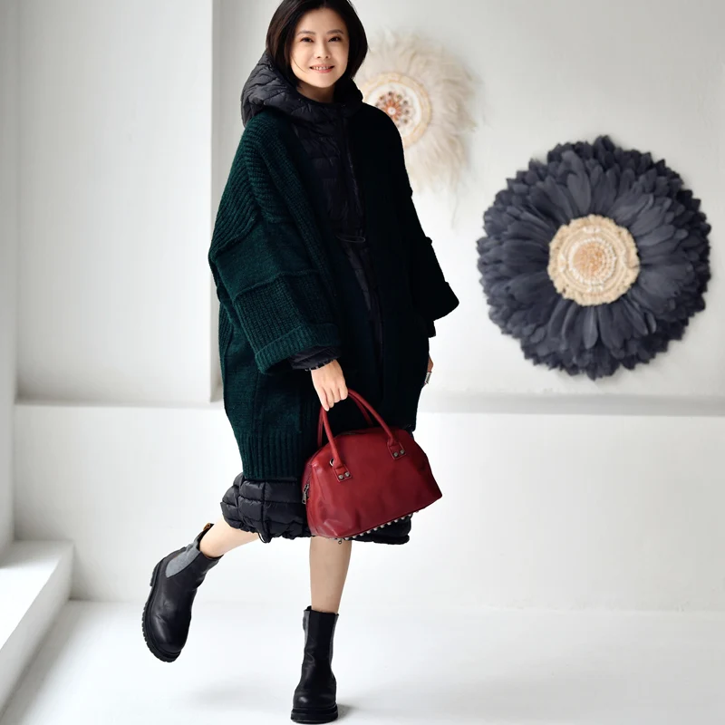 MICOCO Y1702C контрастный светильник белый пуховик с плиссированным капюшоном длинный