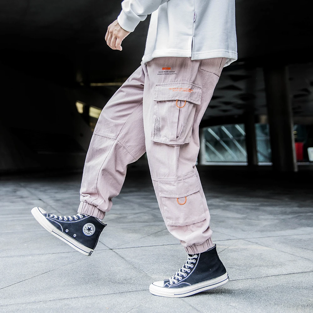 Брюки карго мужские с карманами уличная одежда в стиле пэчворк розовые хип хоп