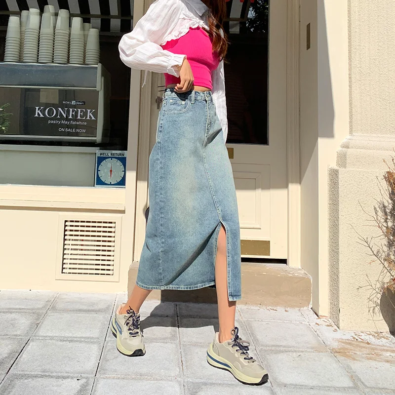 

Vintage Blue A Line Slit Skirts Womens High Waist Long Jean Skirts For Ladies