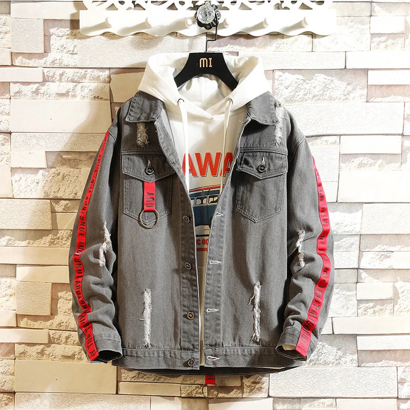 

Spring Autumn Men's Deinm Jacket Ripped Lapel Single Breasted Pocket Decoration Solid Washable Personality Male Coat