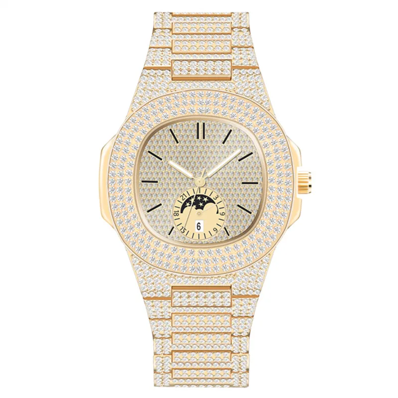 

New Men Luxury Brand Full Diamond Watches Hip Hop Alloy Band Date Gold Business Quartz Vintage Watch Montres de Marque de Luxe