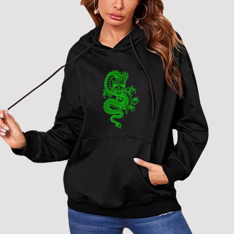 

Dragon Print Hoodies Casual Loose Street Hooded Sweatshirt Harajuku Tops Women Autunm Winter Thin Aport Pullovers
