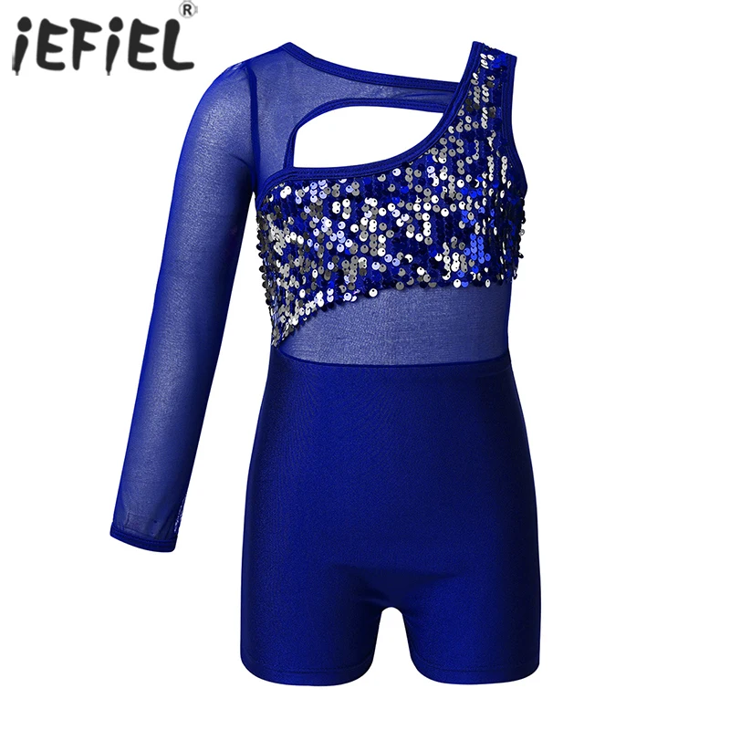 

Kids Girls One Mesh Net yarn through meat Sleeved Shiny Sequins Cutout Ballet tights Dance Gymnastics Leotard Jumpsuit Unitard