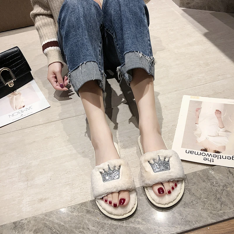 

2021 Fashion Women Slippers Fur Slippers Winter Shoes Big Size Home Slipper Plush Women Indoor Warm Fluffy Cotton Female Shoes