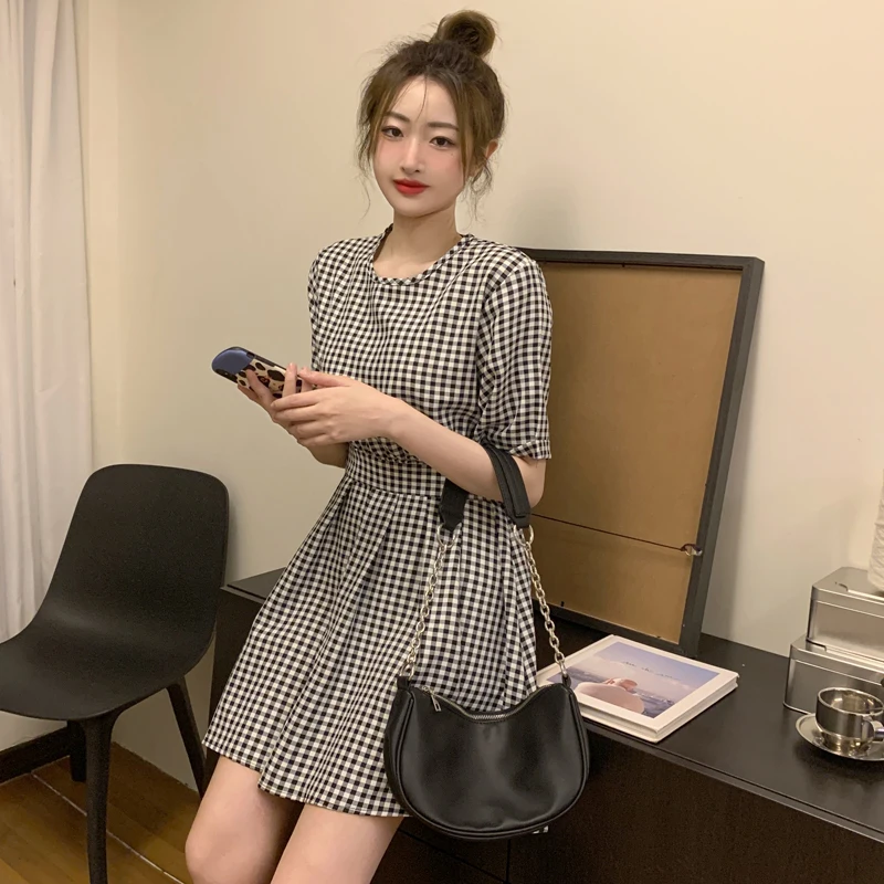 

Trendy Sundress Black White Plaid Korean Style Lovely Girl Clothing Lace Up Retro All-Match Steetwear Female Vintage Dress Women