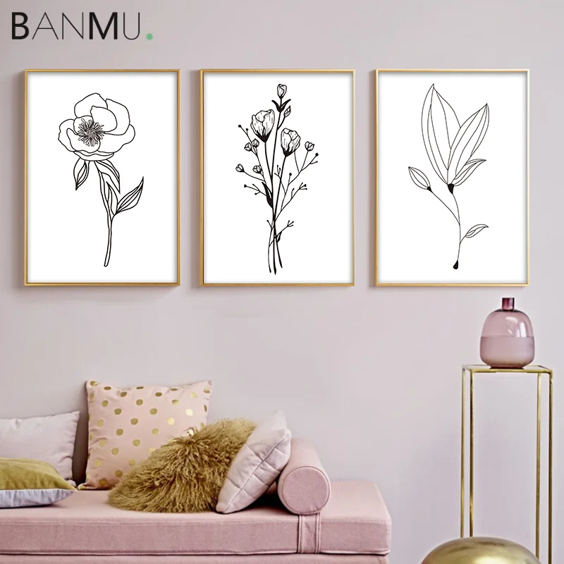

BANMU Nordic Simple Style Flowers Poster Artworks Pirnts Black and White Floral Canvas Paintings for Home Decor Best House Gift