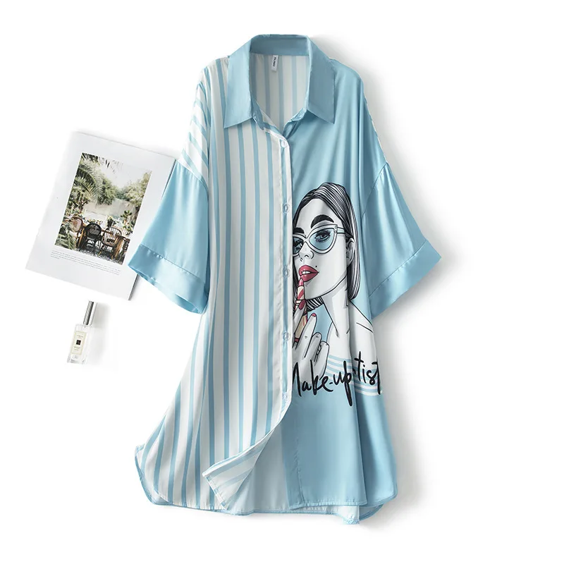 

Повседневная Ночная рубашка, летняя Женская атласная одежда для сна с принтом, свободная ночная рубашка с коротким рукавом, шелковая домашн...