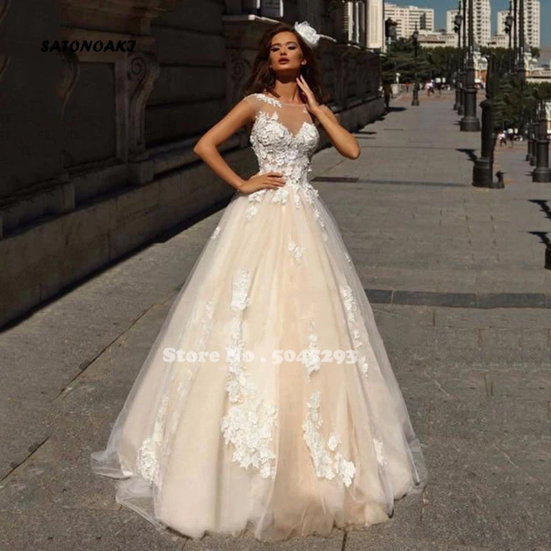 

Champagne Wedding Dress 2021 Scoop Neck Illusion Lace Appliques Bridal Gown Plus Size Vestido De Novia Robe Mariage Online Shop