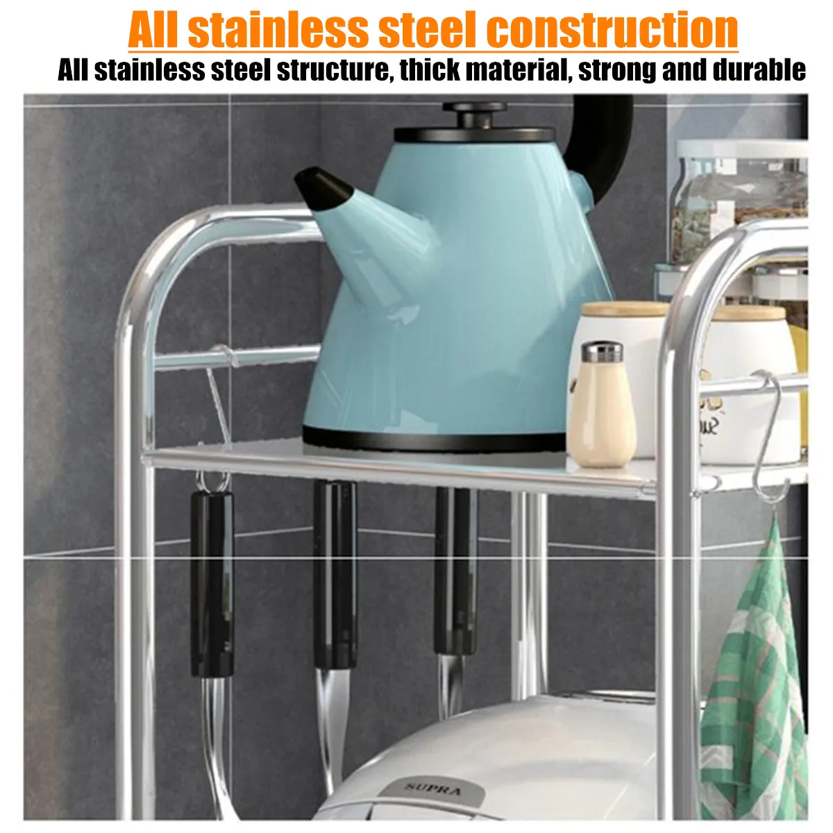 

Stainless Steel Kitchen Rack Thicker Microwave Oven Shelf Home Bathroom Organizer 2layer Rice Cooker Storage Rack+6 hooks