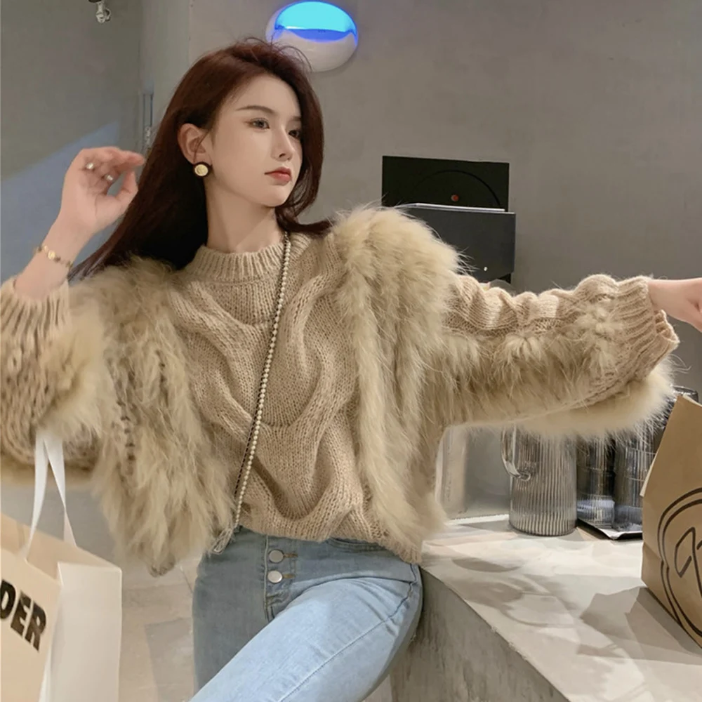 Женский пуловер с мехом вязаный шерстяной свитер в Корейском стиле 2021 | Женская