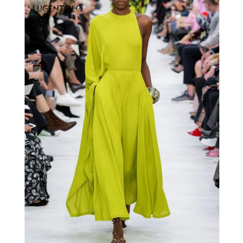 

Elegant Jumpsuit Women Fashion Casual Solid Slim Waist One-shoulder Halter Loose Ladies Wide Leg Pants Long Jumpsuits Lugentolo