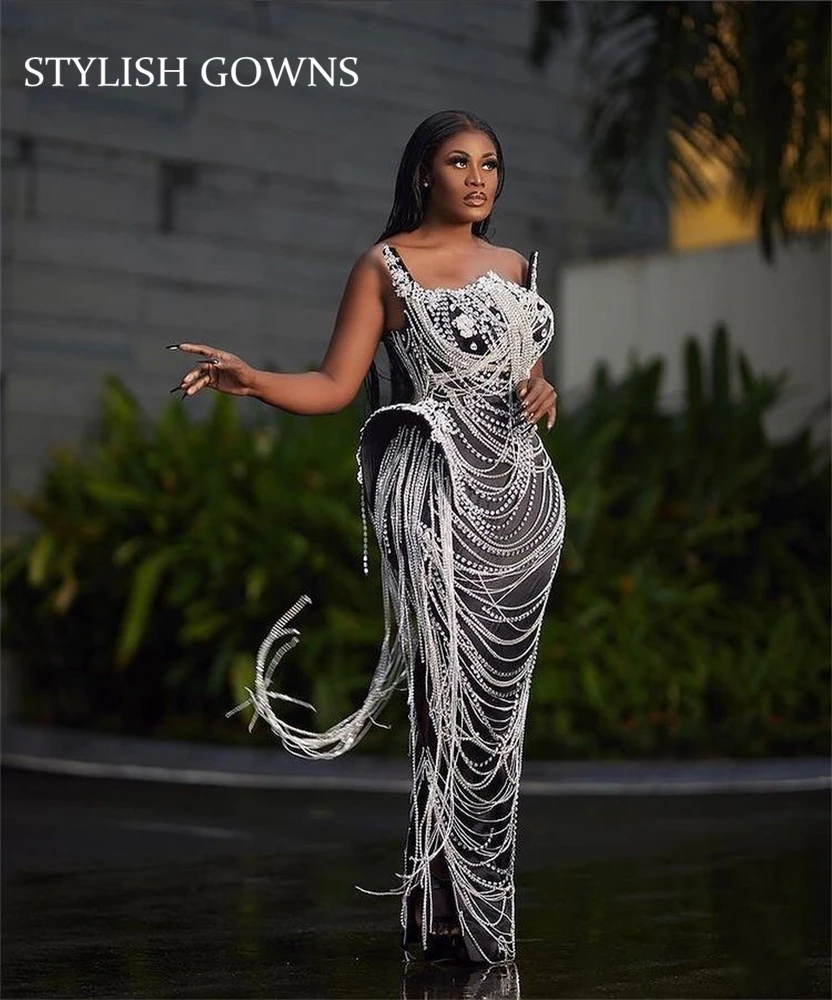

Dubai Luxury Sparkly 2021 Tassel Beaded Diamond Evening Party Dress Mermaid African Birthday Formal Arabic Vestidos De Noche