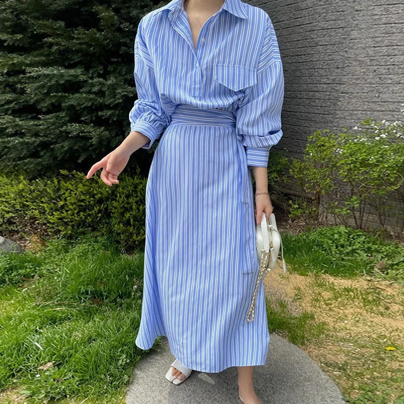 

Корейское нишевое Повседневное платье с лацканами контрастный дизайн в полоску однобортное Бандажное платье с пузырьковым рукавом 2021 N104