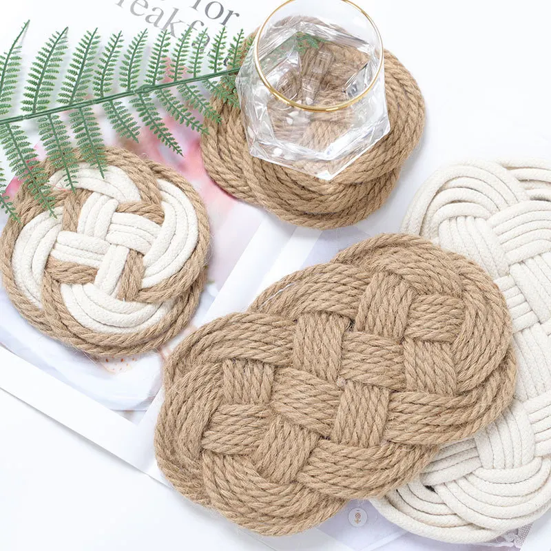

2pcs Braided Coasters(Round+Oval) for Drink Cotton Boho Style Coasters Heat-Resistant to Protect Furniture