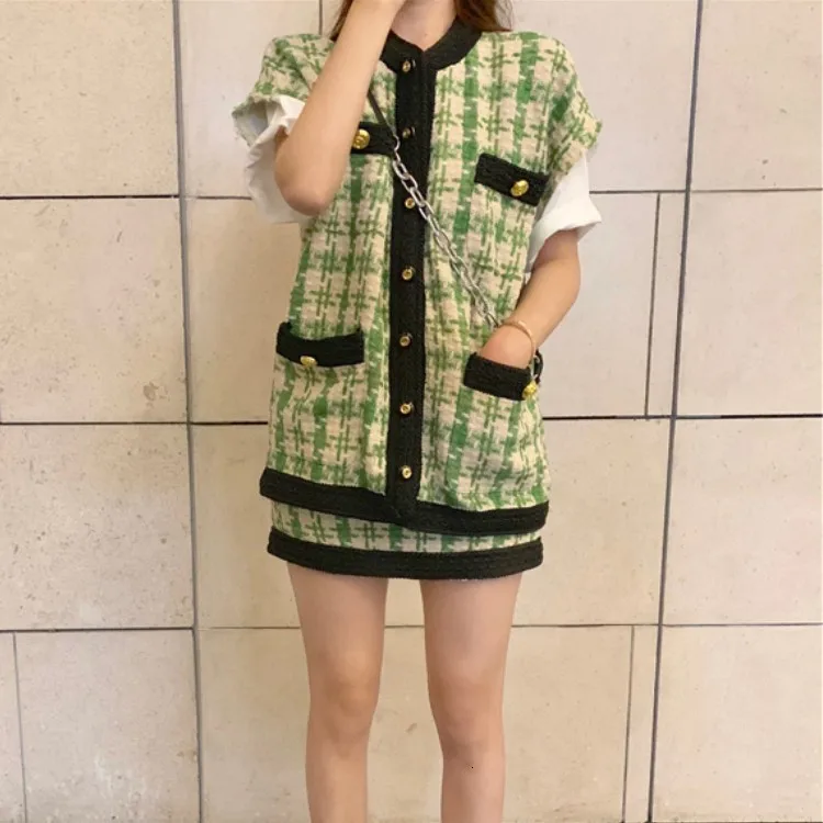 TITAME Women Two Piece Jacket Set Tweed Slim Plaid Skirt Single-breasted Short Sleeve Coat Mini Skirts Suit | Женская одежда