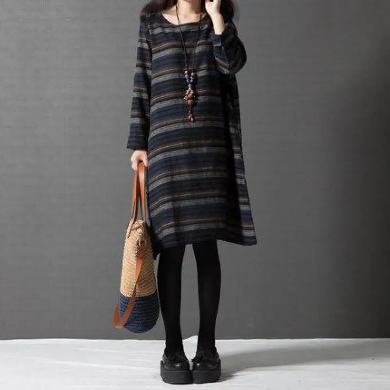 

Новинка Осень-зима 2023, свободное приталенное простое Полосатое платье, корейское повседневное универсальное женское платье в ленивом стил...