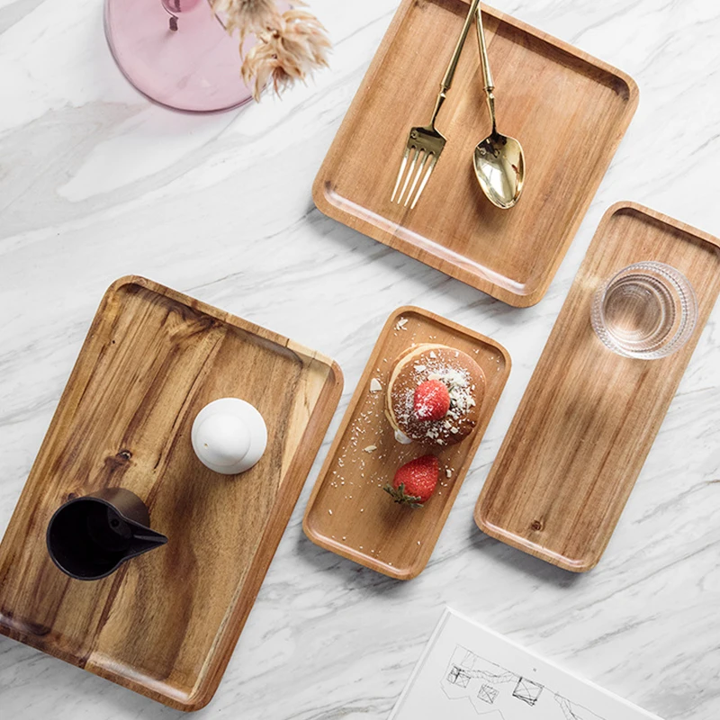 

Acacia Wood Serving Tray Rectangle Square Breakfast Sushi Snack Bread Dessert Cake Coffee Fruit Plate Wooden Tea Tray