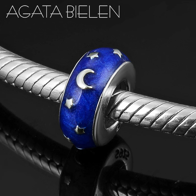 Good Night 925 Sterling Silver Moon Star Blue Enamel Spacer Beads Jewelry Making Fit Original Women europeu Charm Bracelets DIY | Украшения