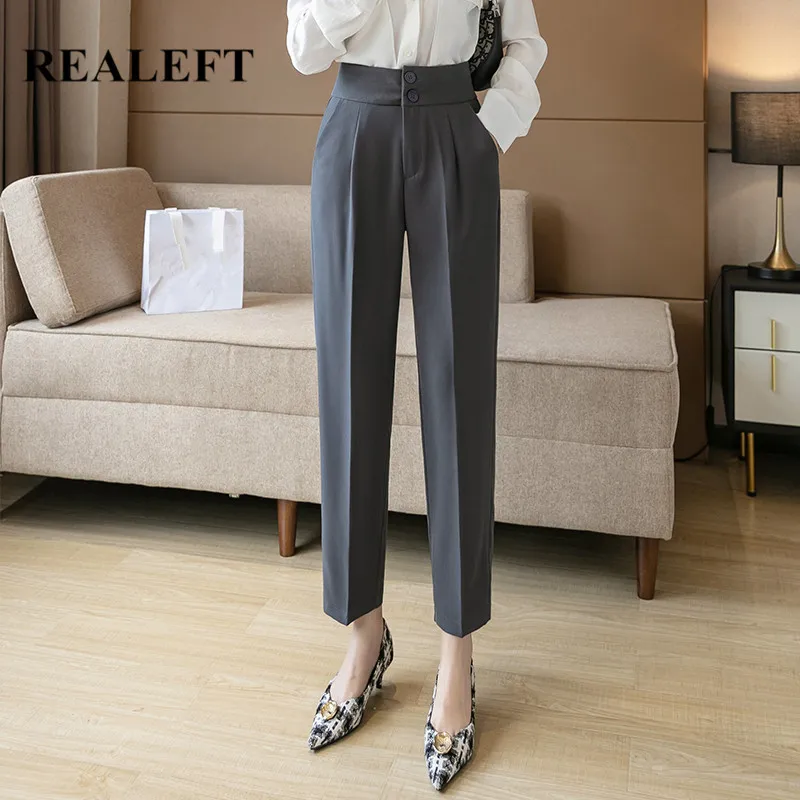 

REALEFT 2021 New Spring Autumn OL Style Women's Formal Harem Pants Pockets High Waist Elegant Office Buttons Ankle-Length Pants
