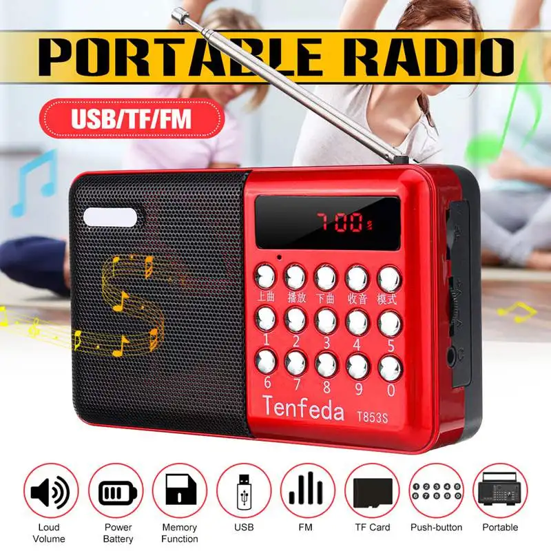 Мини портативный радио Ручной цифровой FM USB TF MP3-плеер динамик перезаряжаемый с функцией отключения питания и памяти светодиодный дисплей красный
