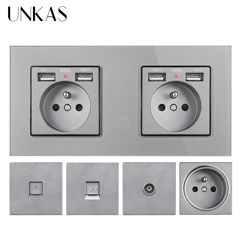 Французская розетка UNKAS европейского стандарта с двумя USB-портами + ТВ RJ11