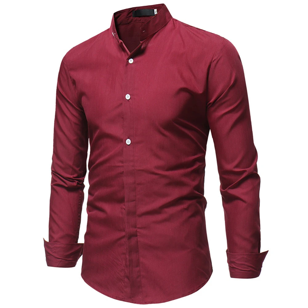 Men's Fashion Stand Collar Long Sleeve Shirt Pure Color Business Casual Dress Formal Shirt