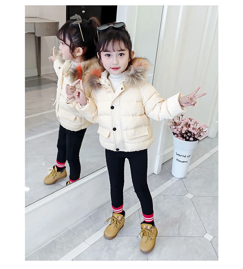 Winter Fashion Girls Big Fur Collar Down Jacket Cotton Boy Hooded Jacket Thickening Children's Warm Cotton Jacket 3-8 years old