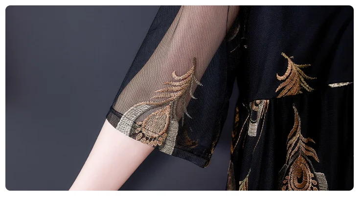 

2021 Spring Summer Womens Embroidery Peacock A Line Mesh Dress , Vintage Casual Woman 4xl 5xl Floral Dresses