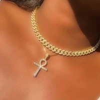 hiphop golden miami cuban link chain choker necklace for women full rhinestones cross pendants necklaces luxury party jewelry