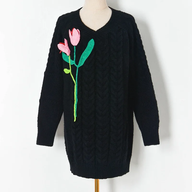 

Hand Hook Three-Dimensional Flower Tulip Midi Pullove Coat Toversize Plus Size Knitted Sweater Women Winter New Year Clothes
