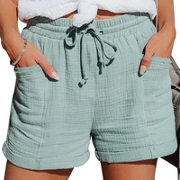 summer women shorts 2021 fashion solid drawstring elastic high waist short pants with pockets ladies cotton linen loose shorts