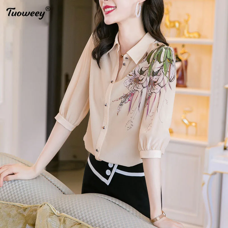

2021 Spring Summer Style Women loose Blouses Shrits Lady Casual turn down collar Half Sleeve Flower Printed Blusas Tops