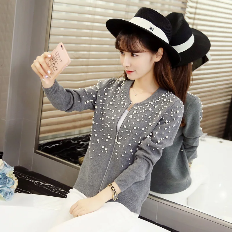 Женский вязаный кардиган рождественский свитер с жемчужинами и бусинами осень