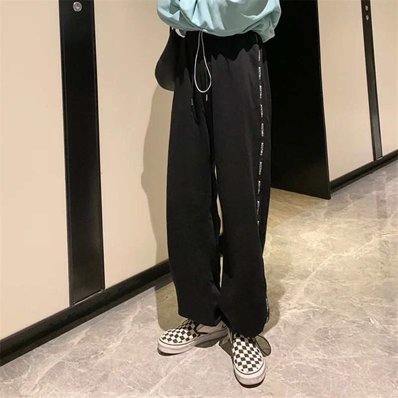

2021 Spring Autumn High Elastic Waist straight trousers female Thin Side Stripe Letter casual thin pants female (F4236)