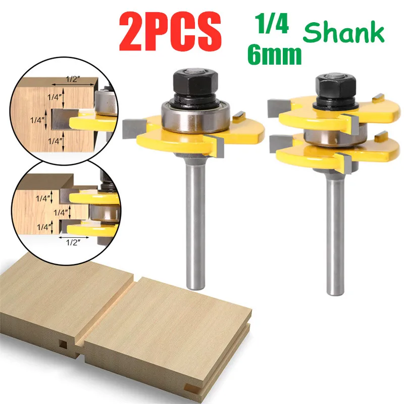 

Набор фрез для деревообработки, комплект из 2 насадок с хвостовиком 6 мм, язычок и паз, с небольшим углублением под углом 45 °, хвостовик 1/4, тве...