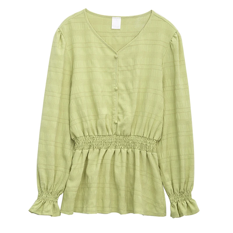 

Plus Size V-neck Blouses Women Thin Chic Tops 2021 Spring Shirts Oversized Loose Flare Sleeve Waist Banding Korean Office Blusas